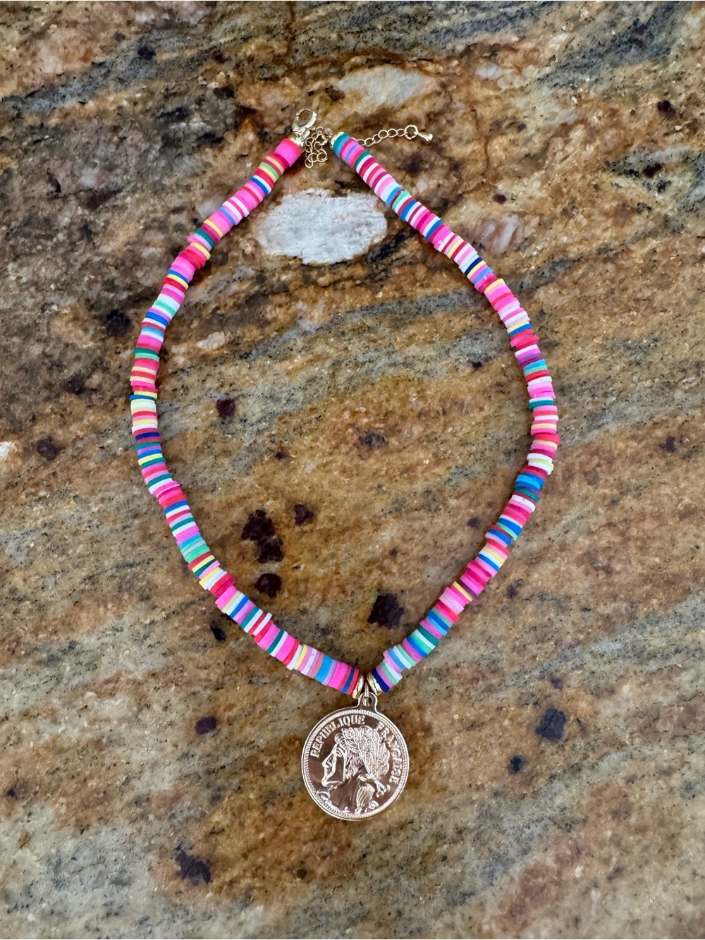 Colorful Pink Multicolor Beaded Necklace with Coin Pendant